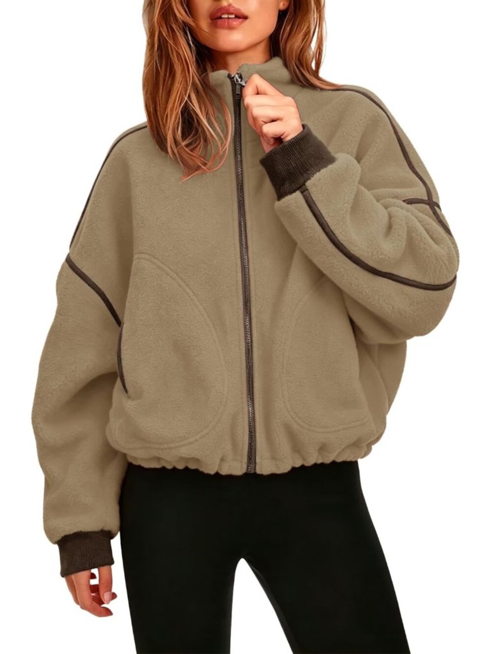 Women Camel 100% Polyester Stand Collar Pocket Cropped Full-Zip Up Sherpa Jacket